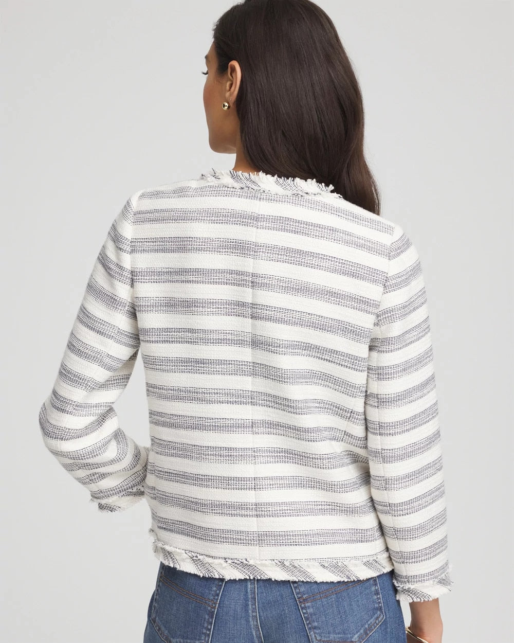 Chico's Striped Tweed Collarless Box Jacket ECRU