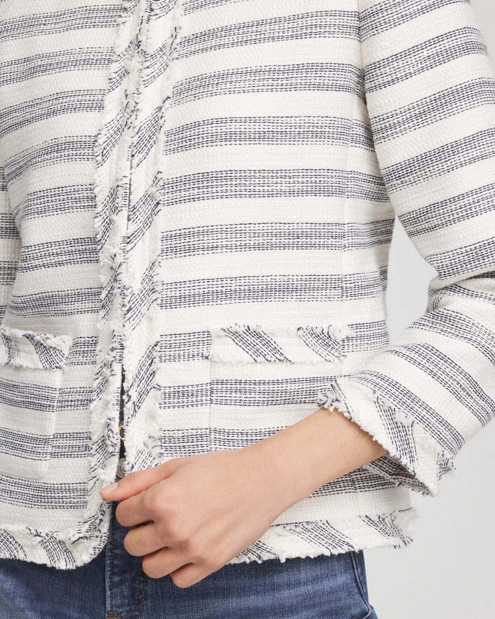 Chico's Striped Tweed Collarless Box Jacket ECRU