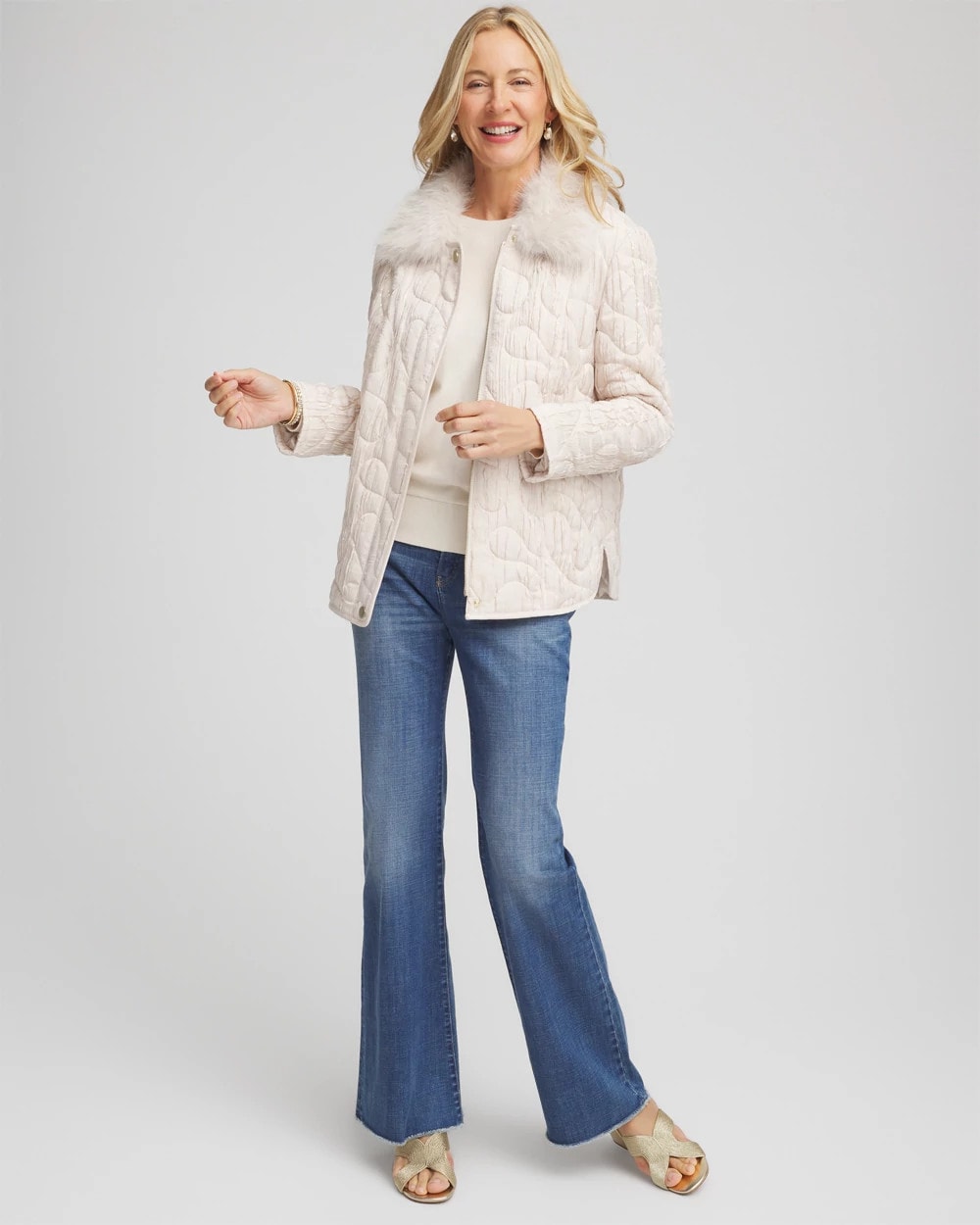 Chico's Quilted Faux Fur Collar Jacket CREAM