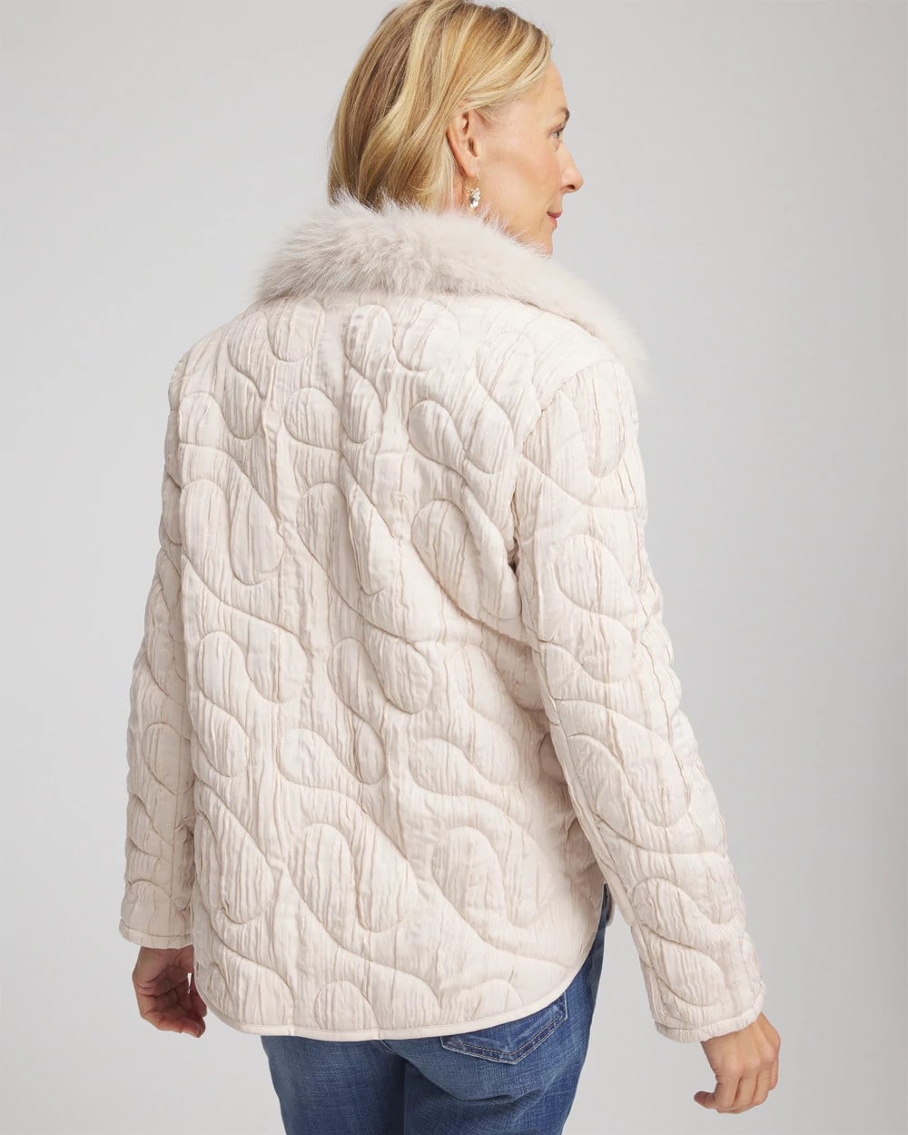Chico's Quilted Faux Fur Collar Jacket CREAM