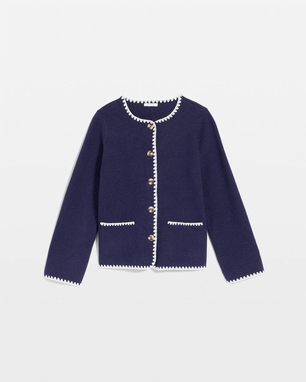 Chico's Blanket Stitch Crewneck Cardigan PASSPORT BLUE