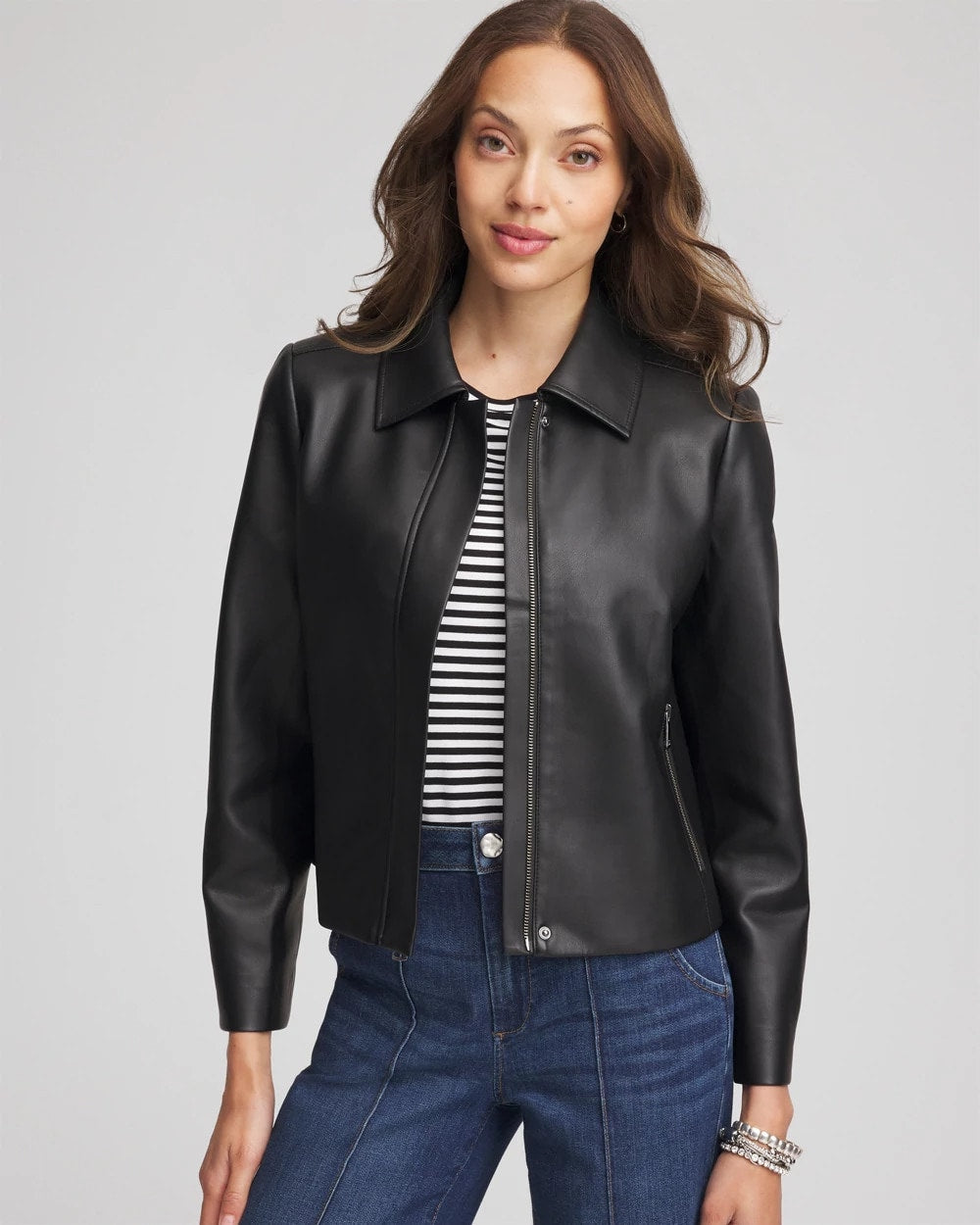 Chico's Faux Leather Zip-Front Jacket BLACK