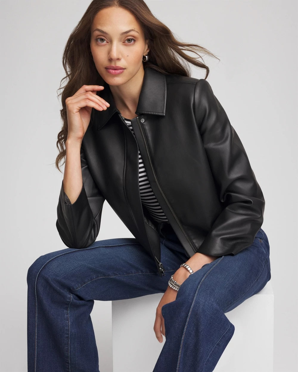 Chico's Faux Leather Zip-Front Jacket BLACK