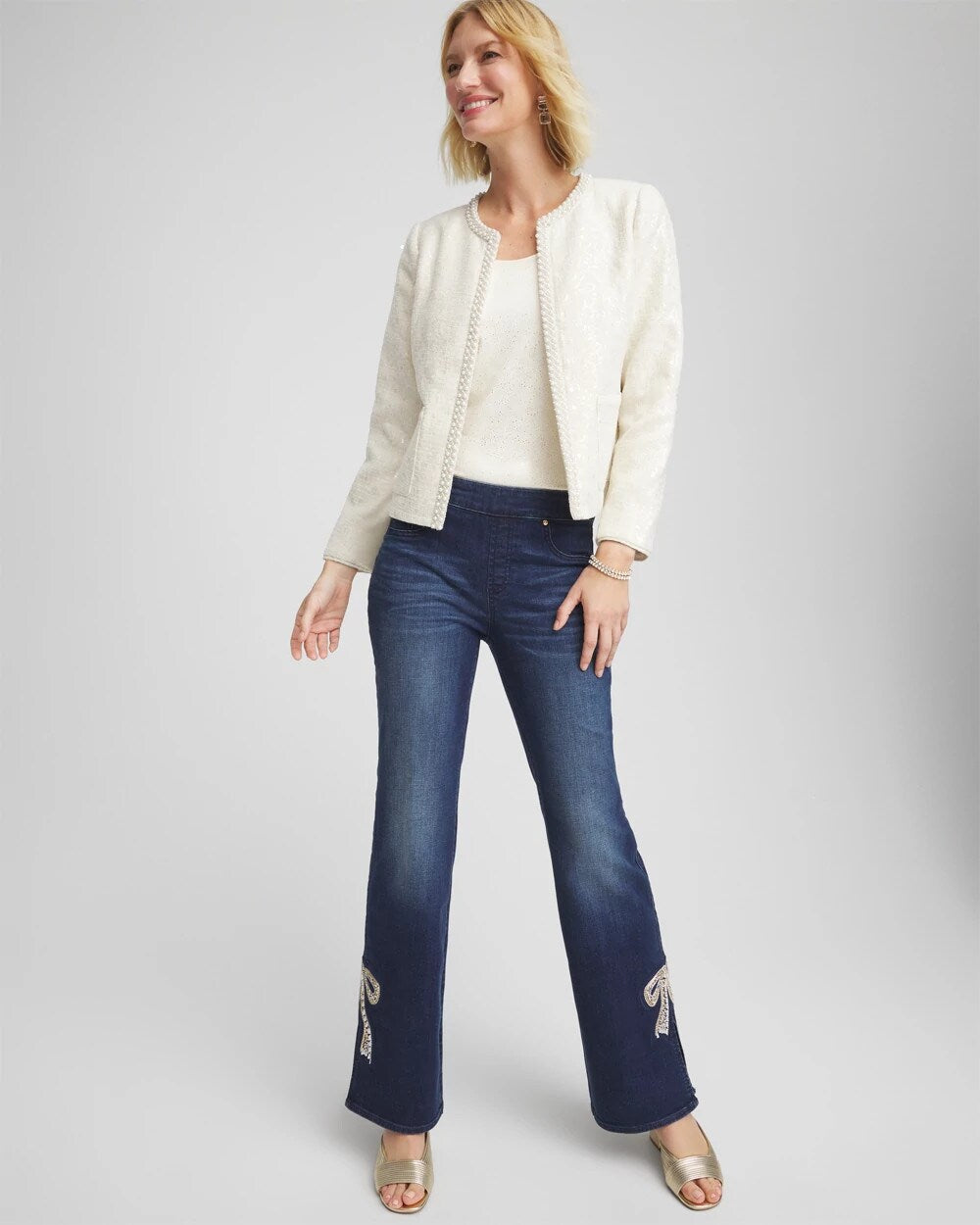 Chico's Pearl Trim Tweed Jacket ENGLISH CREAM