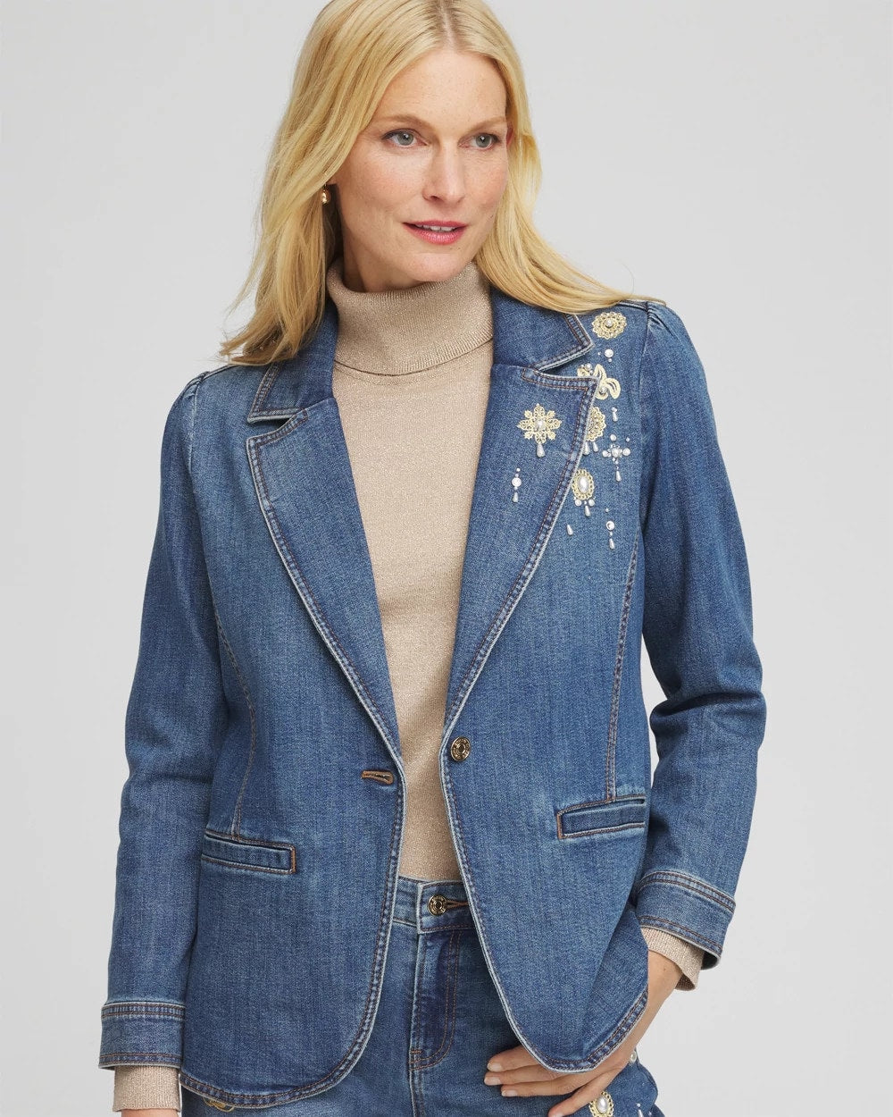 Chico's Pearl Brooch Denim Blazer KIRUNA INDIGO