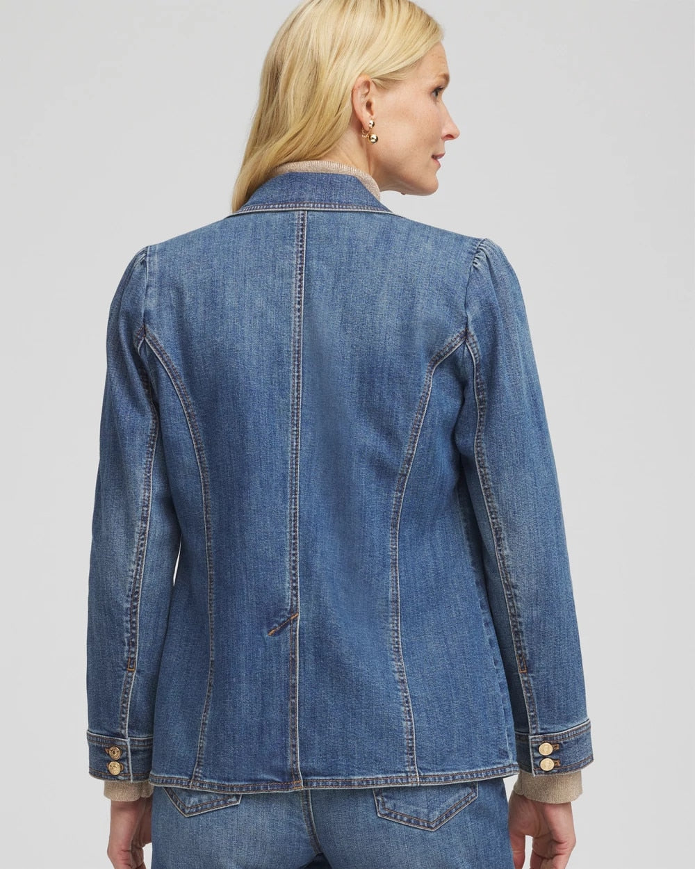 Chico's Pearl Brooch Denim Blazer KIRUNA INDIGO