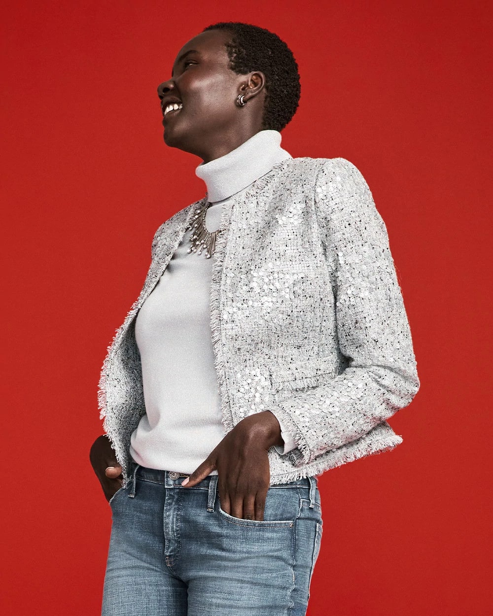 Chico's Silver Sequins Tweed Jacket SILVER