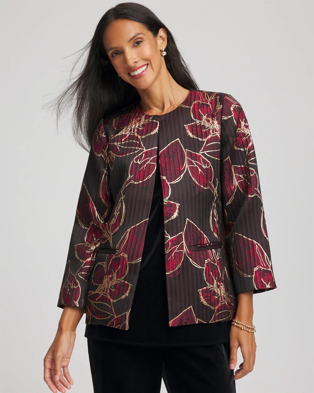 Chico's Travelers™ Collection Jacquard Foiled Floral Jacket RED