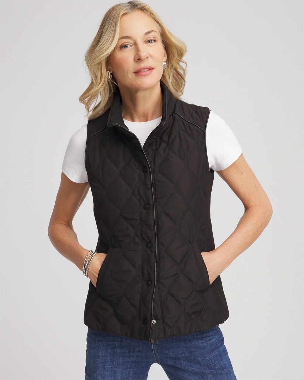 Chico's Rib Trim Quilted Vest BLACK