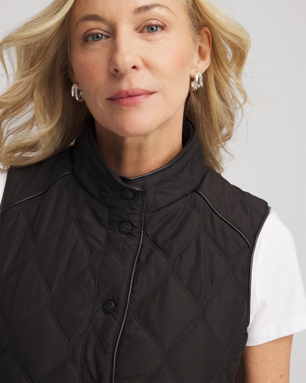 Chico's Rib Trim Quilted Vest BLACK