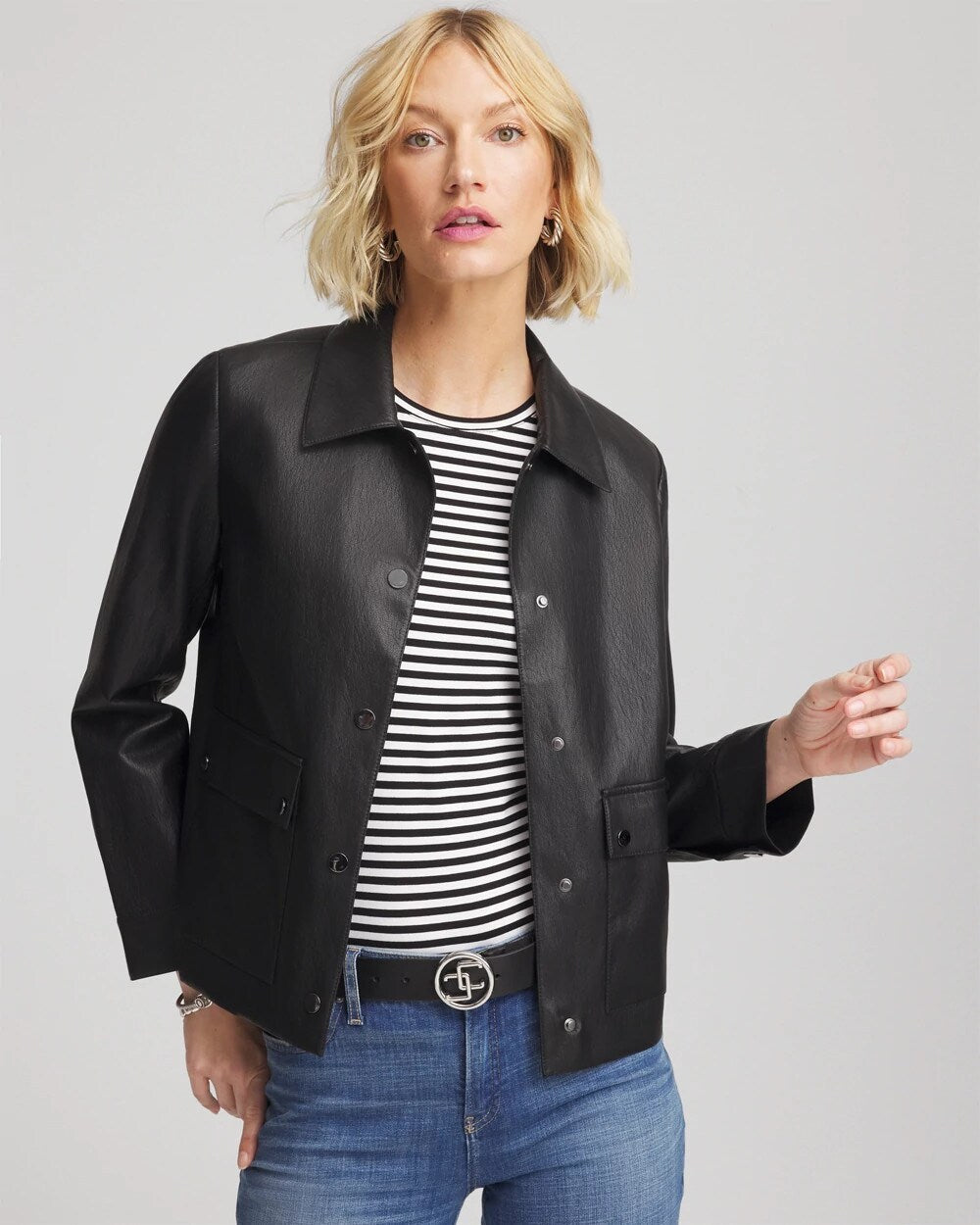 Chico's Snap Front Faux Leather Jacket BLACK