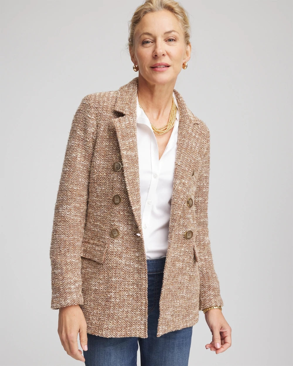 Chico's Tweed Double-Breasted Blazer CAFE AROMA
