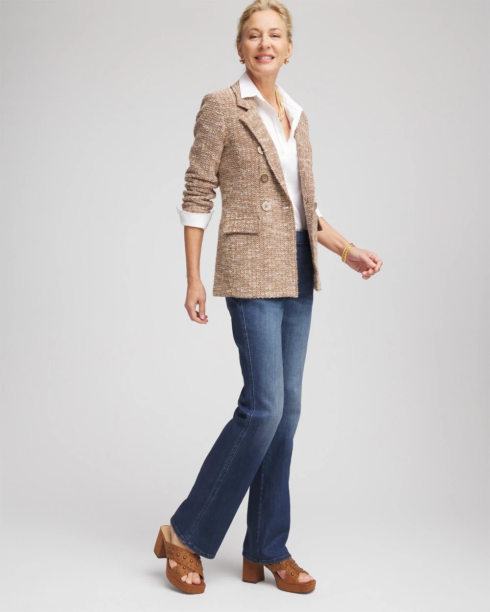 Chico's Tweed Double-Breasted Blazer CAFE AROMA