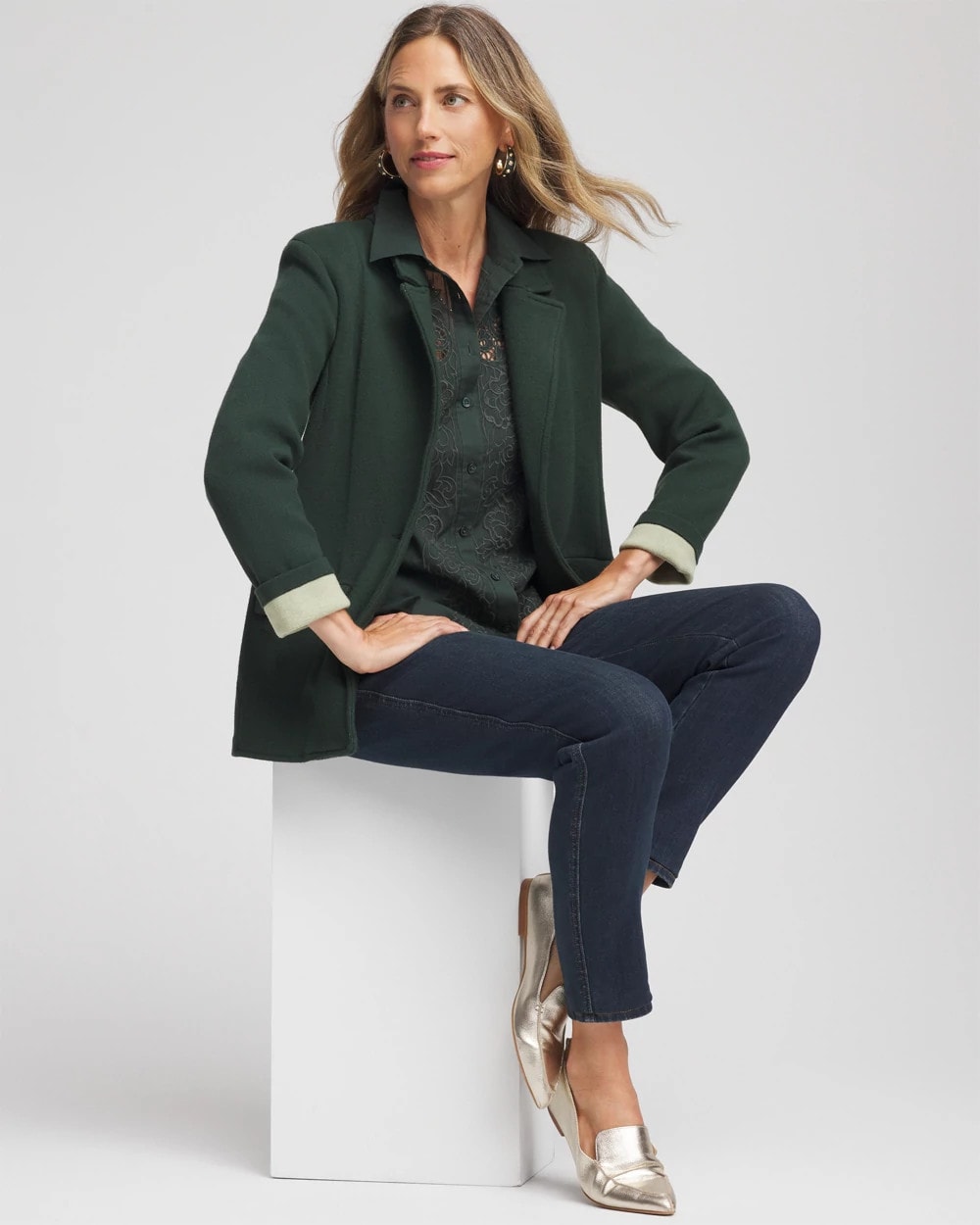 Chico's Single-Breasted Sweater Blazer DARKEST SPRUCE