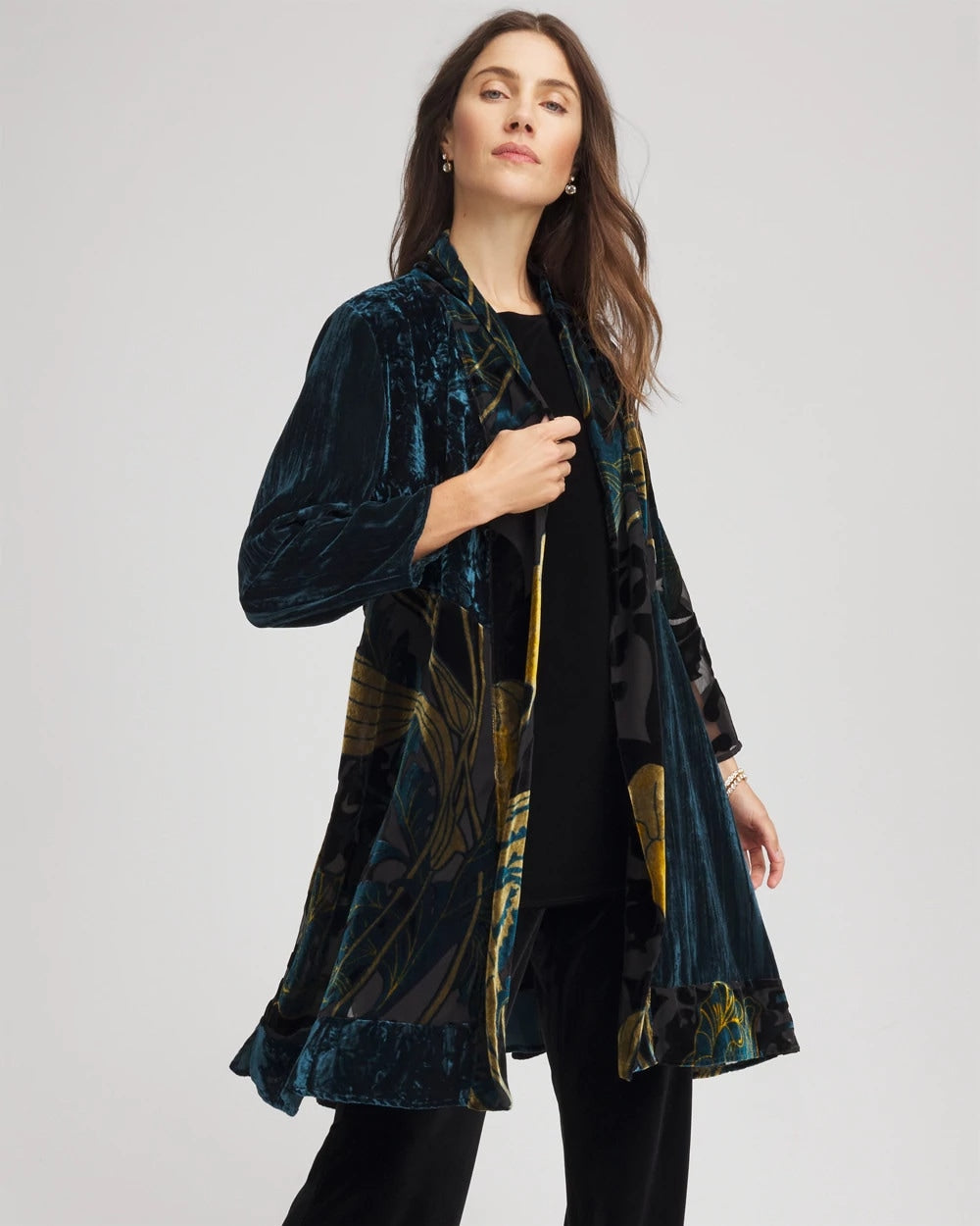 Chico's Travelers™ Collection Floral Burnout Kimono Jacket TEAL SHADOW