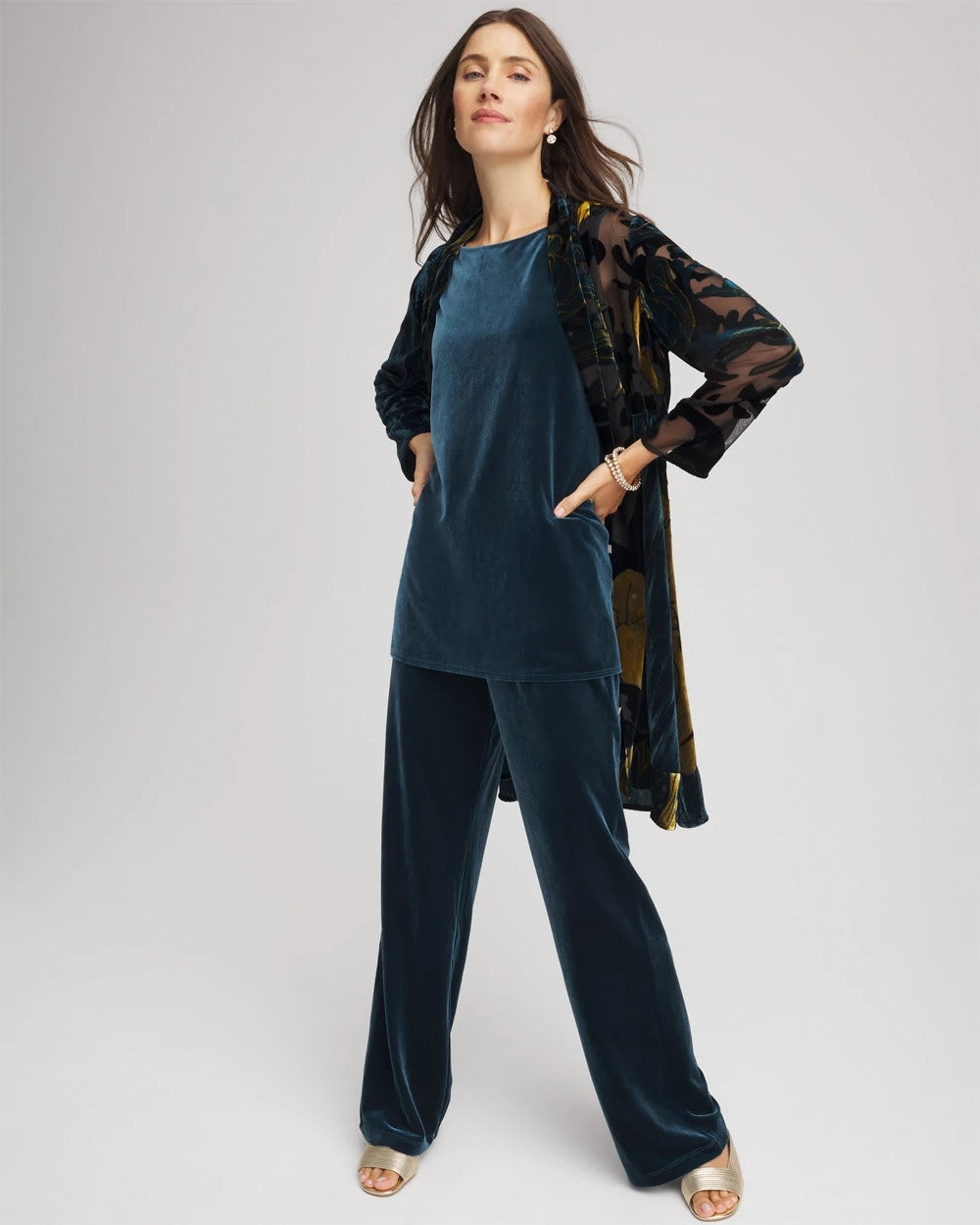 Chico's Travelers™ Collection Floral Burnout Kimono Jacket TEAL SHADOW