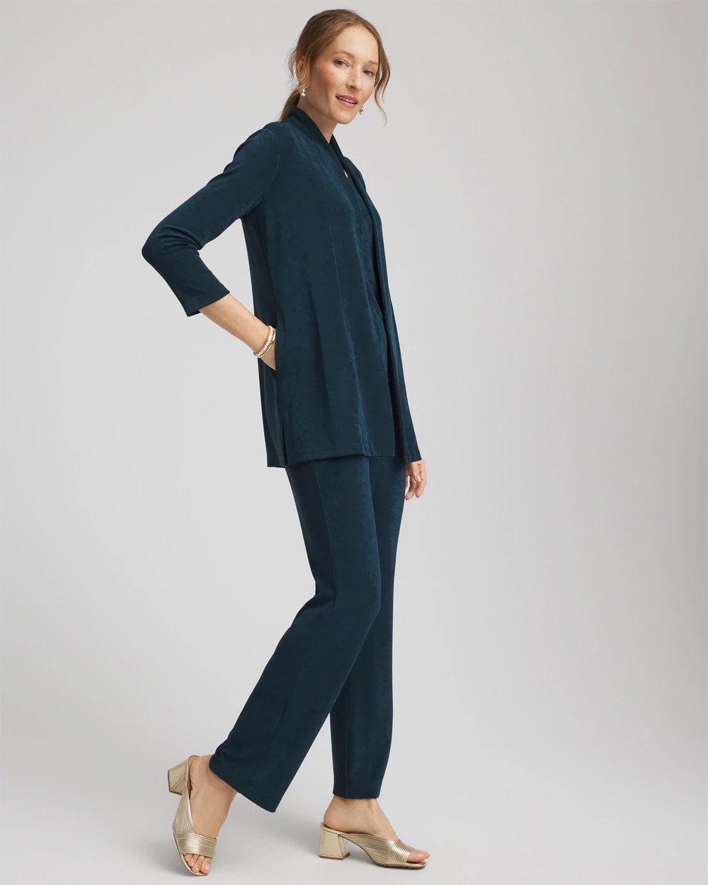 Chico's Travelers™ Long Knit Jacket TEAL SHADOW