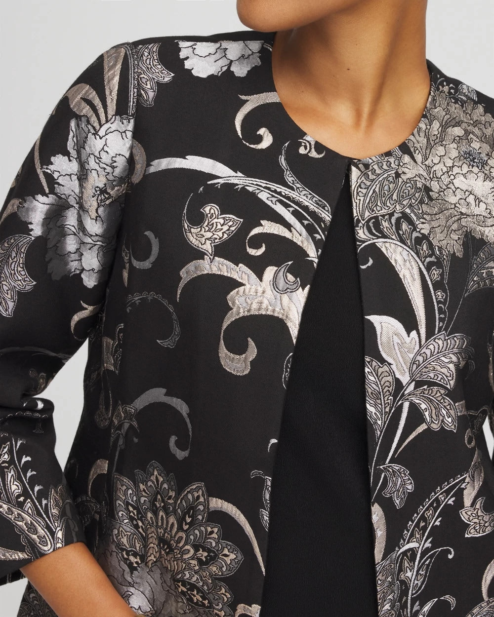 Chico's Travelers™ Collection Jacquard Floral Shine Jacket TRAVELERS BLACK