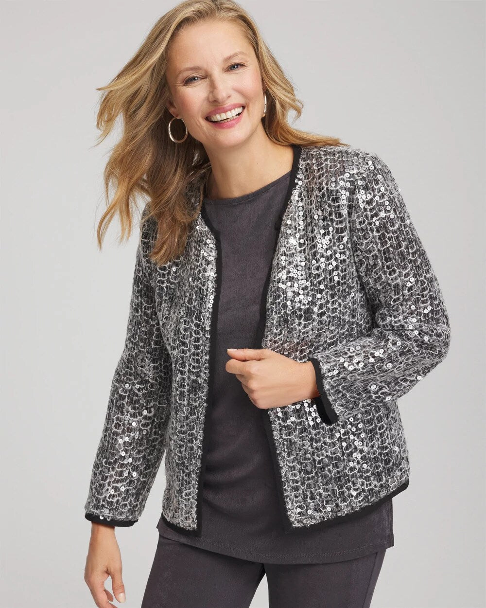 Chico's Travelers™ Collection Refined Sequins Netted Jacket SERENE GRAY