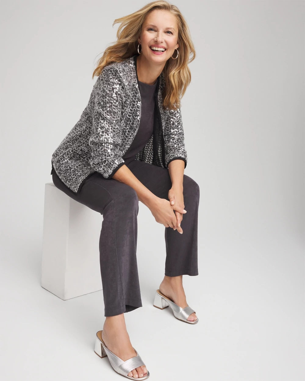 Chico's Travelers™ Collection Refined Sequins Netted Jacket SERENE GRAY