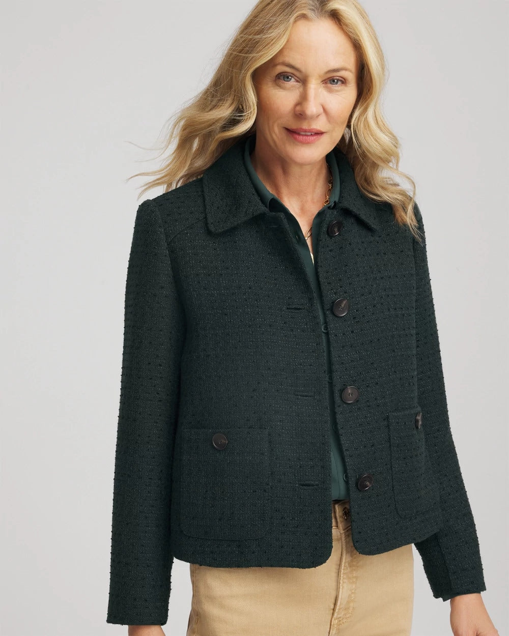 Chico's Tweed Cropped Jacket DARKEST SPRUCE