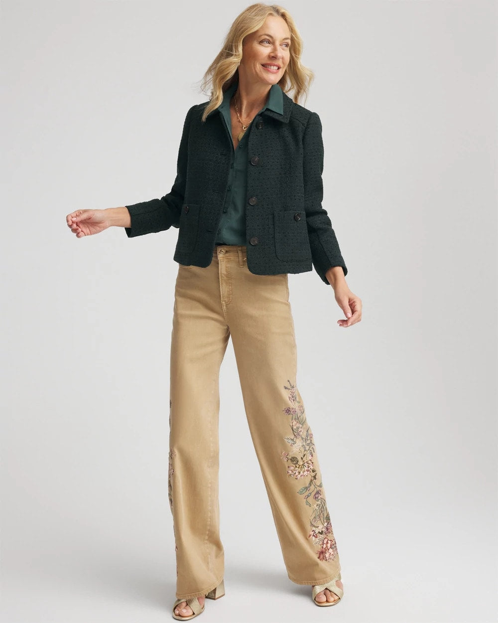 Chico's Tweed Cropped Jacket DARKEST SPRUCE