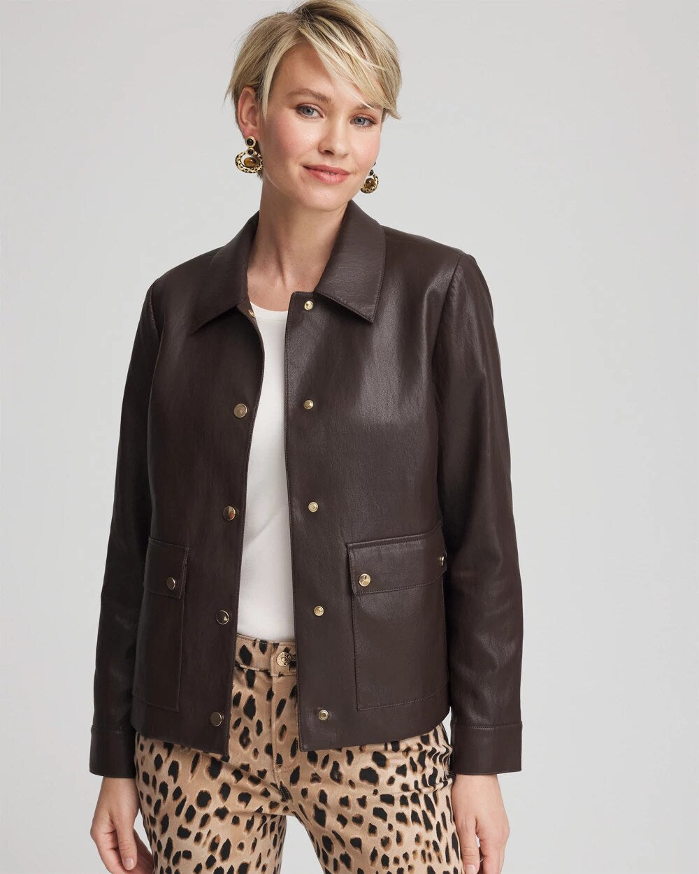 Chico's Snap Front Faux Leather Jacket BLACK RAISIN