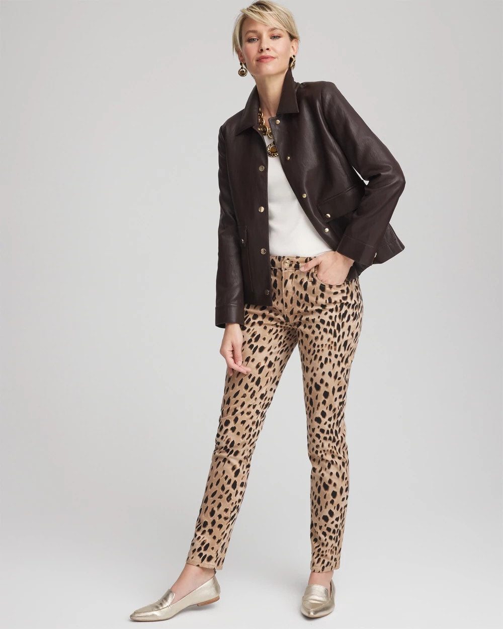 Chico's Snap Front Faux Leather Jacket BLACK RAISIN