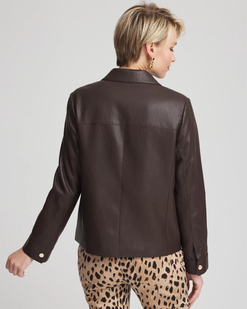 Chico's Snap Front Faux Leather Jacket BLACK RAISIN