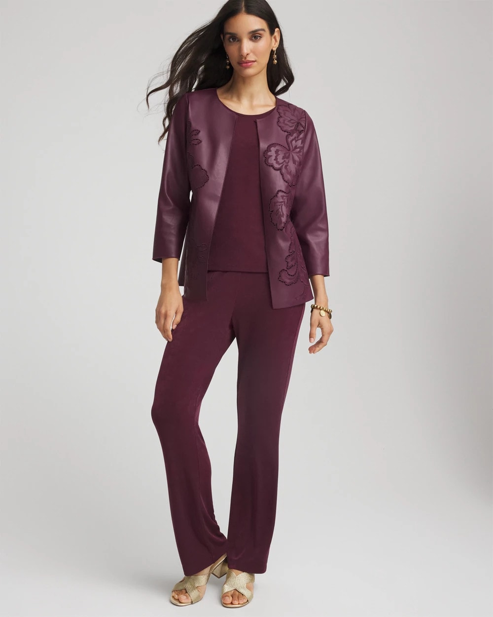 Chico's Travelers™ Collection Faux Leather Embroidered Jacket BLACKENED BURGUNDY