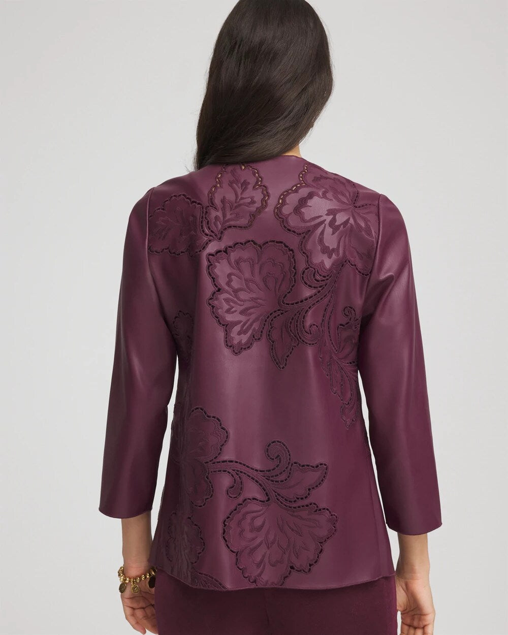 Chico's Travelers™ Collection Faux Leather Embroidered Jacket BLACKENED BURGUNDY