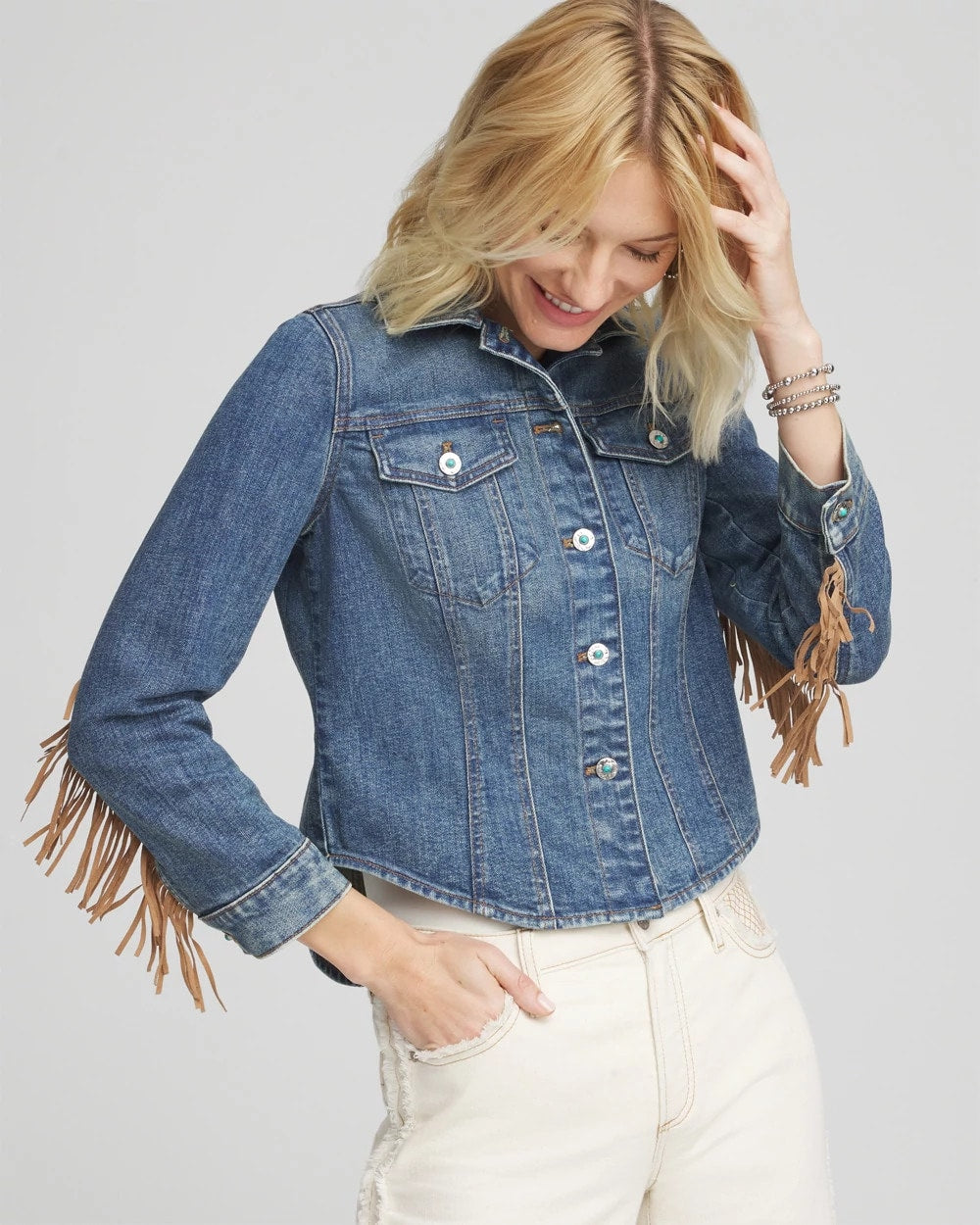 Chico's Cropped-Fit Fringe Denim Jacket TOLEDO INDIGO
