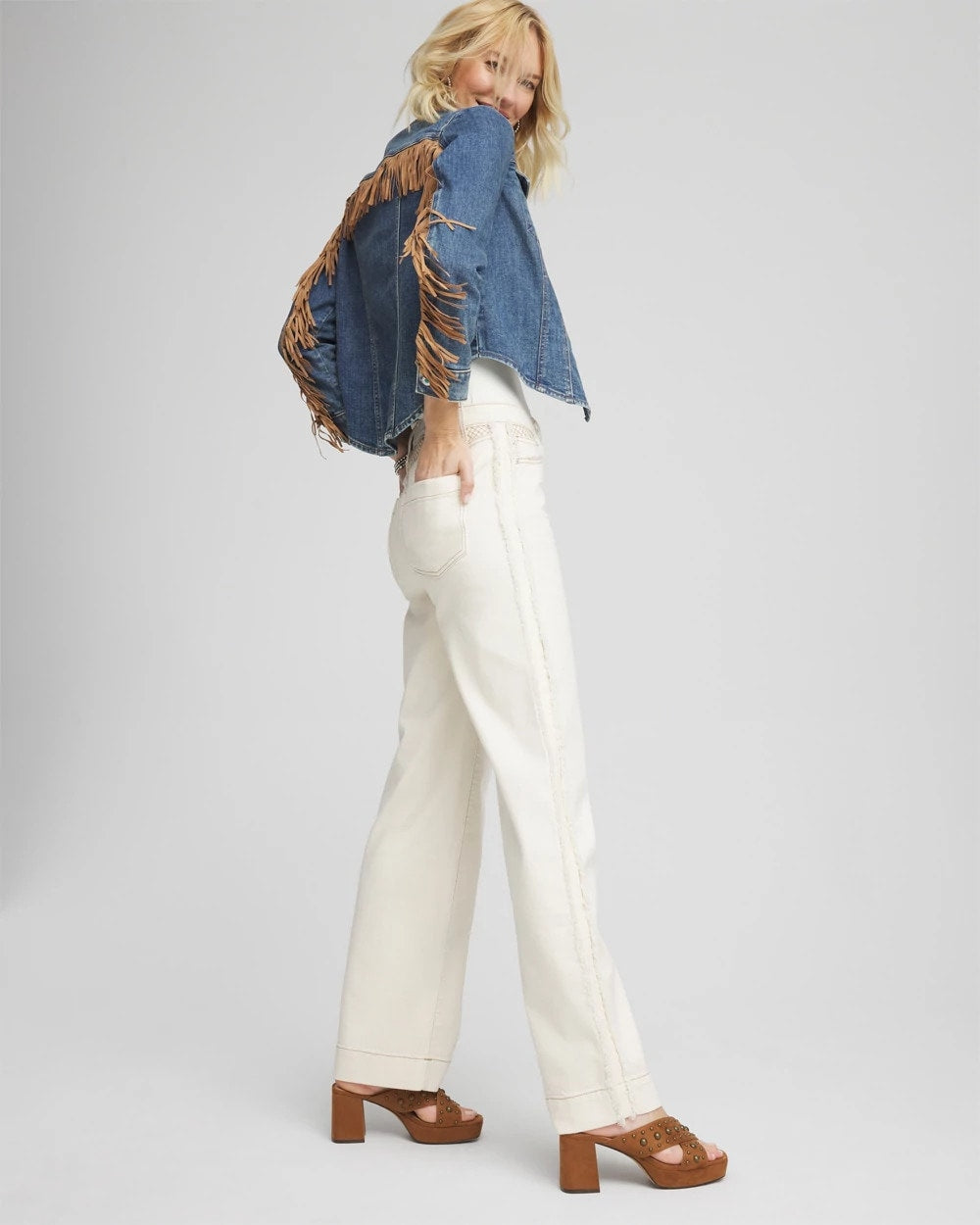 Chico's Cropped-Fit Fringe Denim Jacket TOLEDO INDIGO