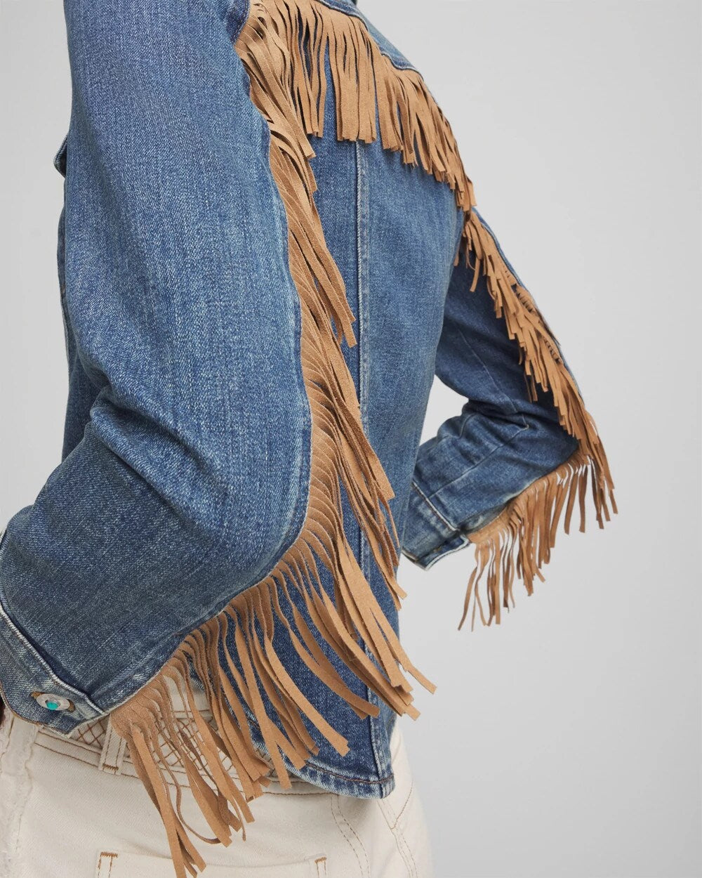 Chico's Cropped-Fit Fringe Denim Jacket TOLEDO INDIGO