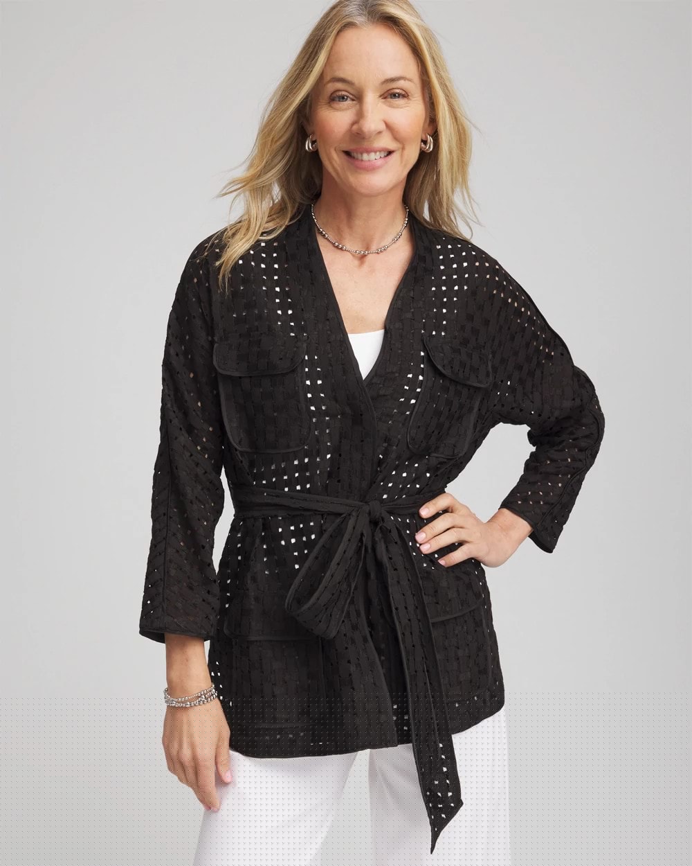 Chico's Open-Stitch Tie-Front Kimono Jacket BLACK