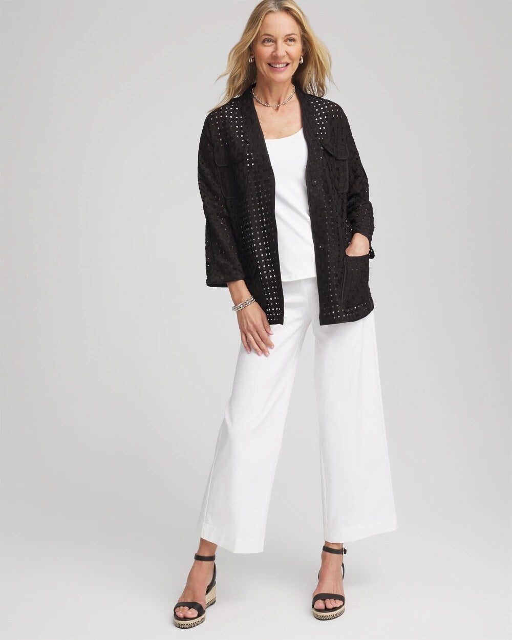Chico's Open-Stitch Tie-Front Kimono Jacket BLACK