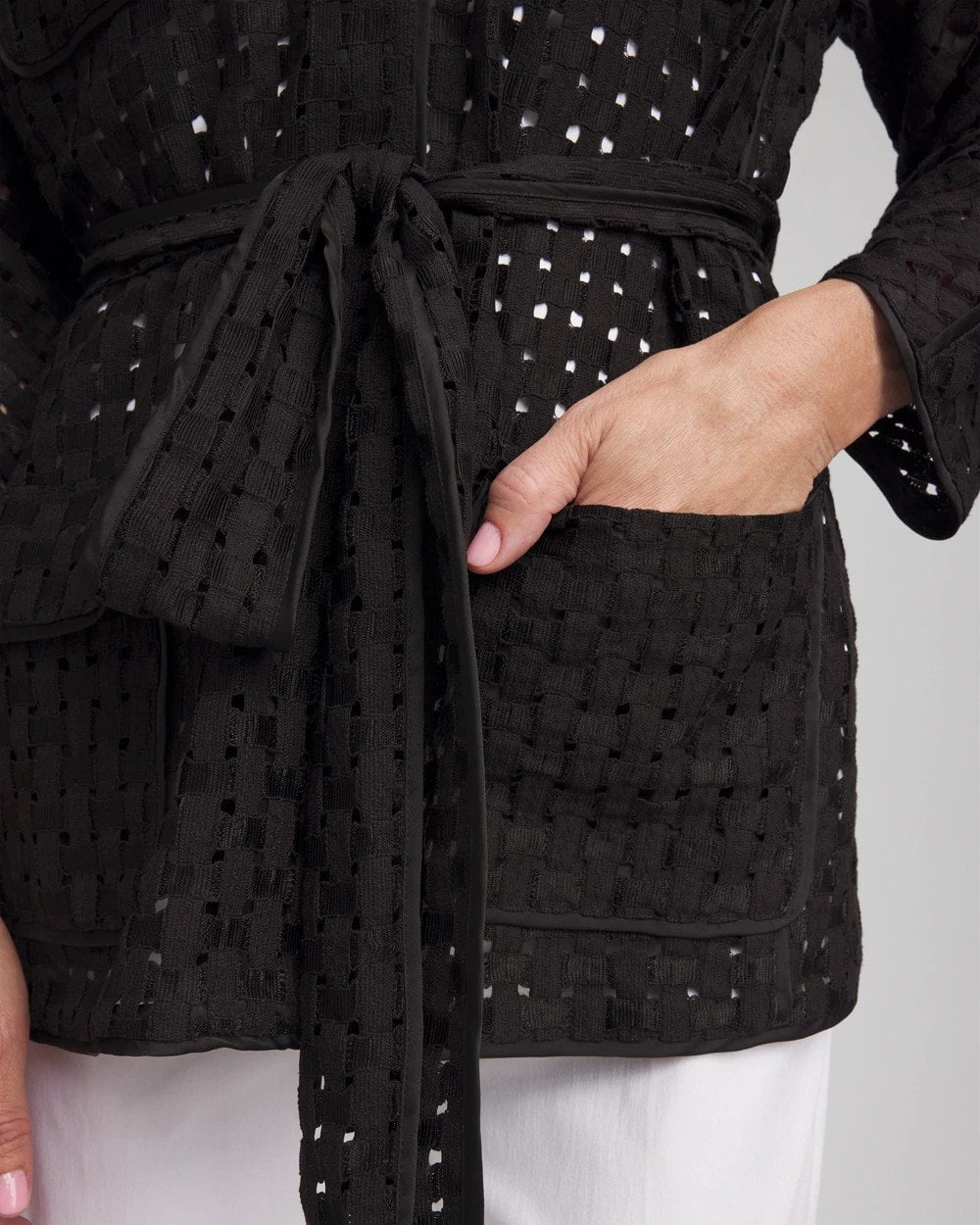 Chico's Open-Stitch Tie-Front Kimono Jacket BLACK