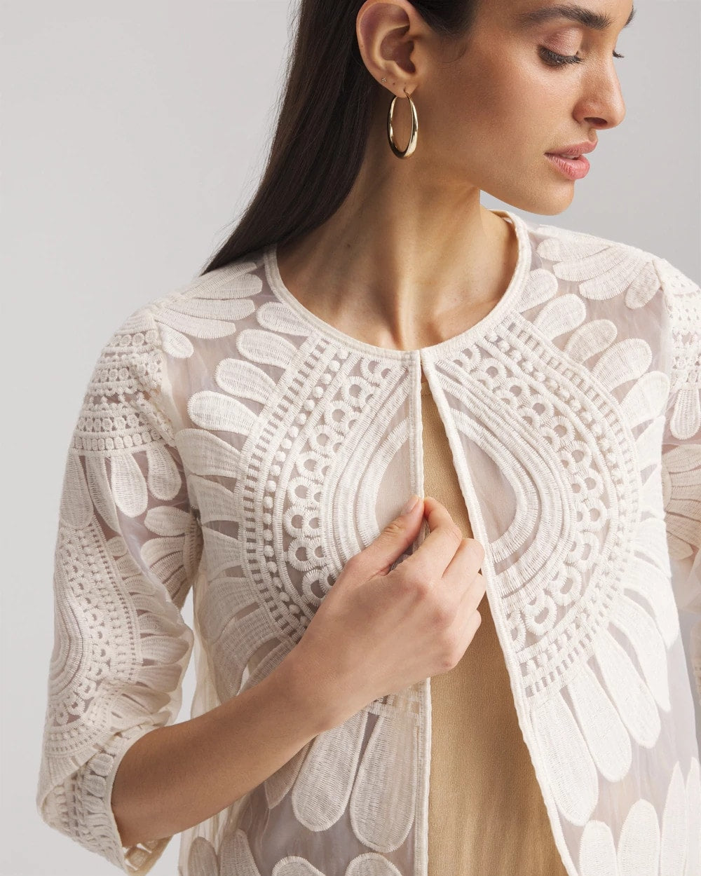 Chico's Travelers™ Collection Embroidered 3/4 Sleeve Jacket MODERN ECRU