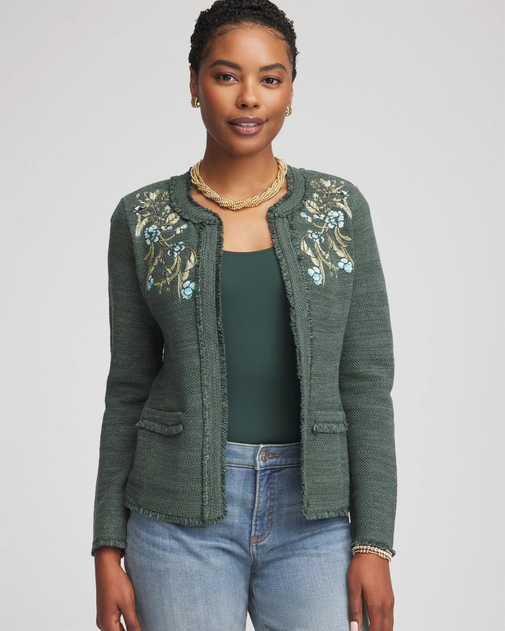 Chico's Embroidered Cotton-Blend Jacket DARKEST SPRUCE
