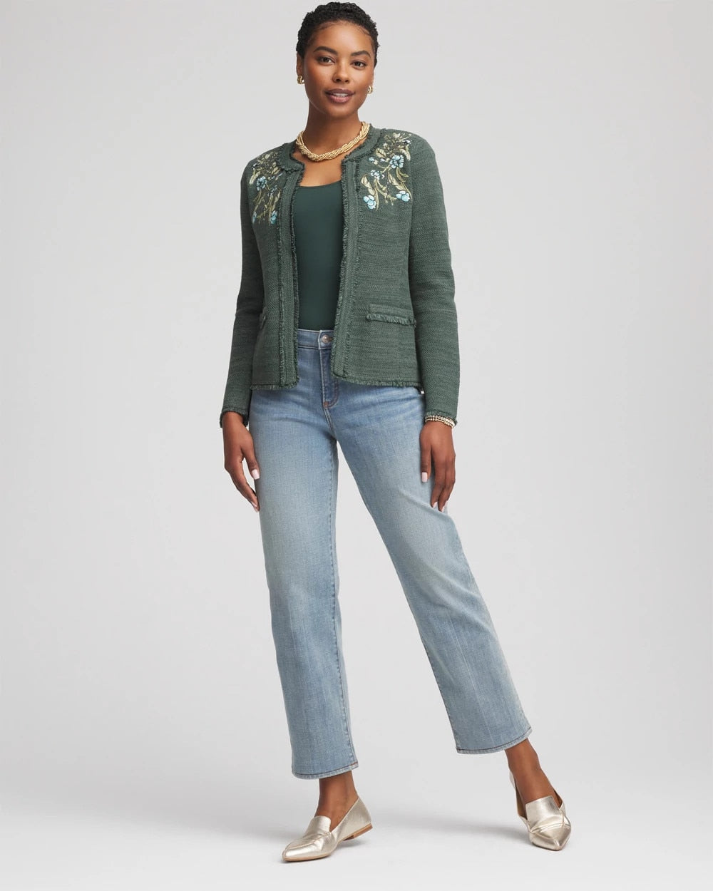 Chico's Embroidered Cotton-Blend Jacket DARKEST SPRUCE