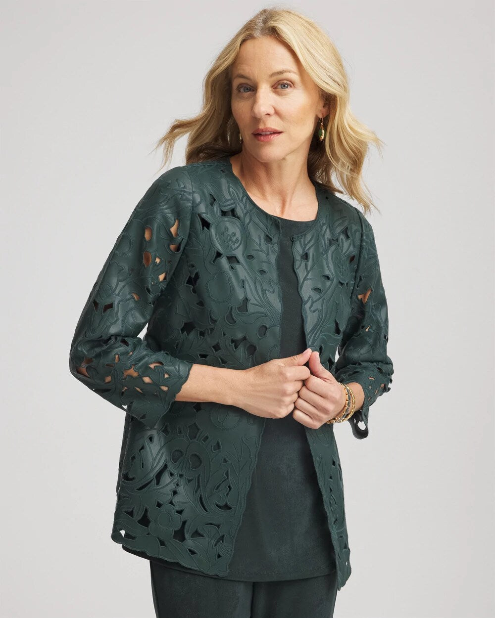 Chico's Travelers™ Collection Faux Leather Floral Jacket DARKEST SPRUCE