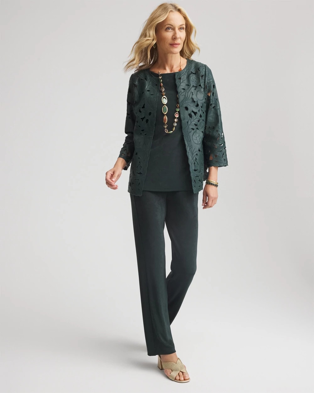 Chico's Travelers™ Collection Faux Leather Floral Jacket DARKEST SPRUCE