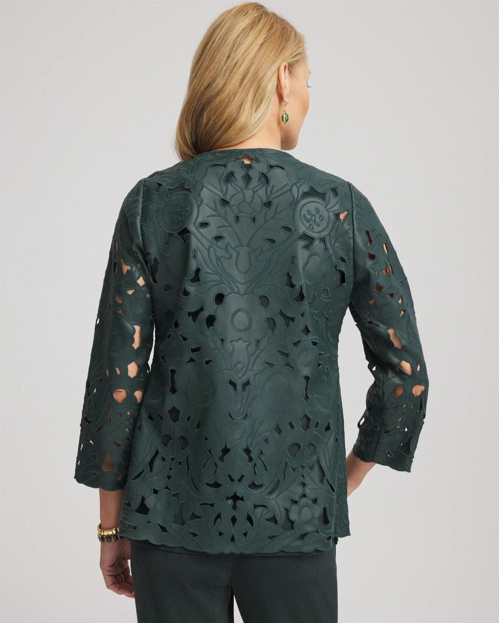 Chico's Travelers™ Collection Faux Leather Floral Jacket DARKEST SPRUCE