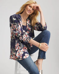 Chico's Floral Ruched Sleeve Blazer PASSPORT BLUE