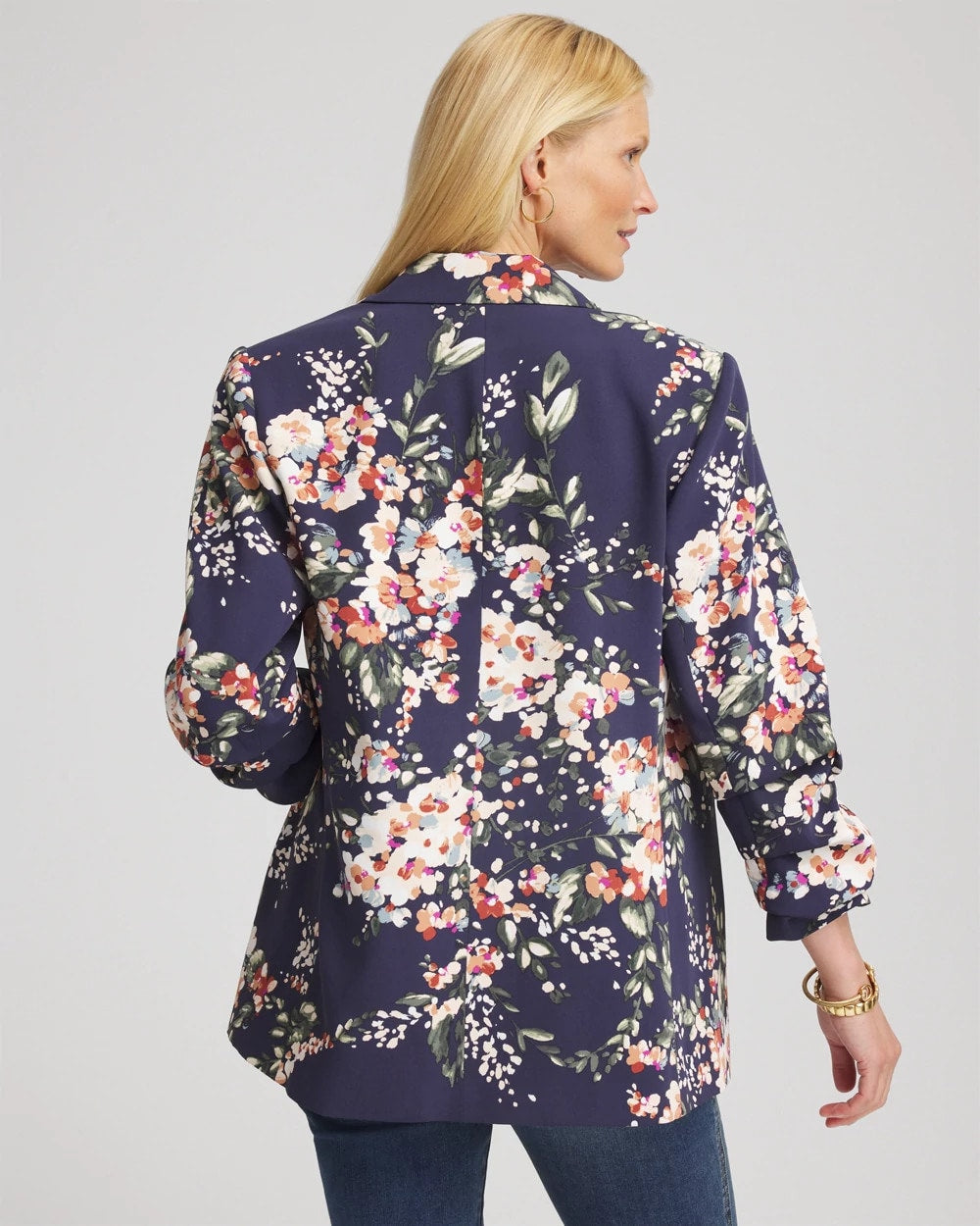 Chico's Floral Ruched Sleeve Blazer PASSPORT BLUE