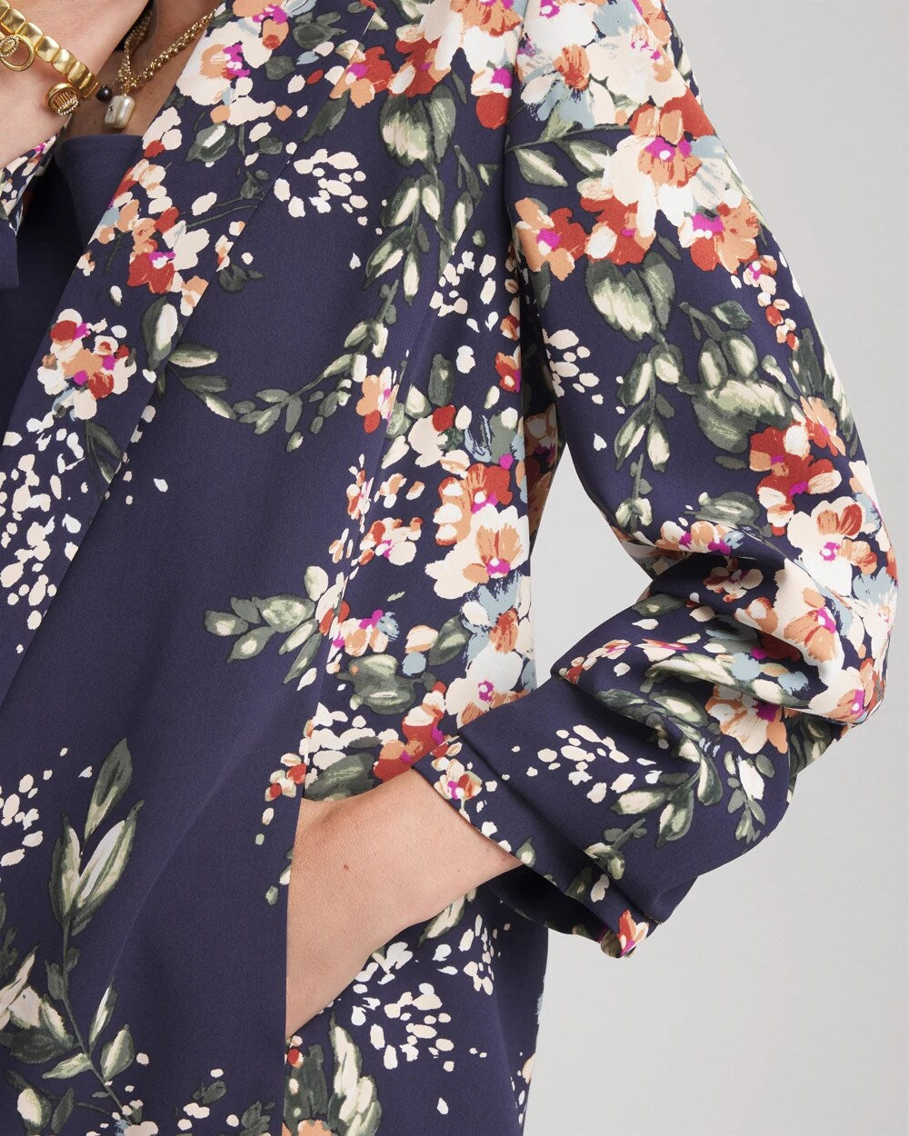 Chico's Floral Ruched Sleeve Blazer PASSPORT BLUE