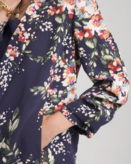 Chico's Floral Ruched Sleeve Blazer PASSPORT BLUE