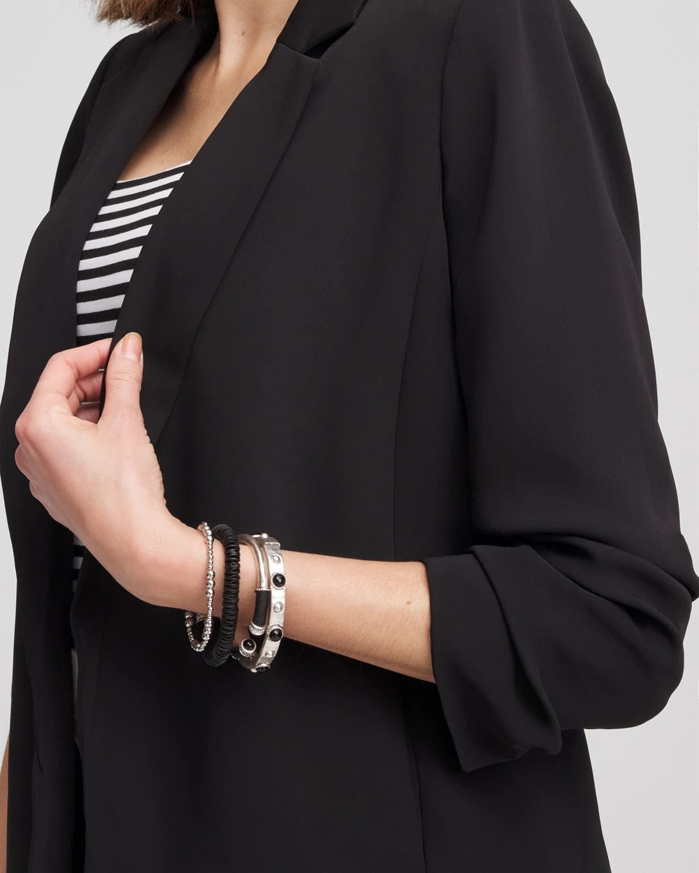Chico's Notched-Lapel Ruched Sleeve Blazer BLACK