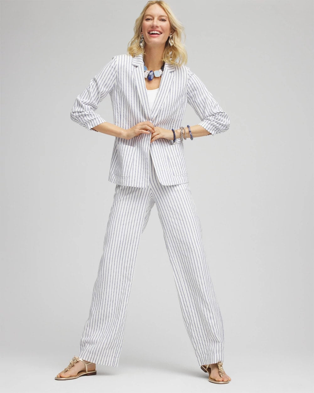 Chico's Striped Linen Stretch Blazer ALABASTER