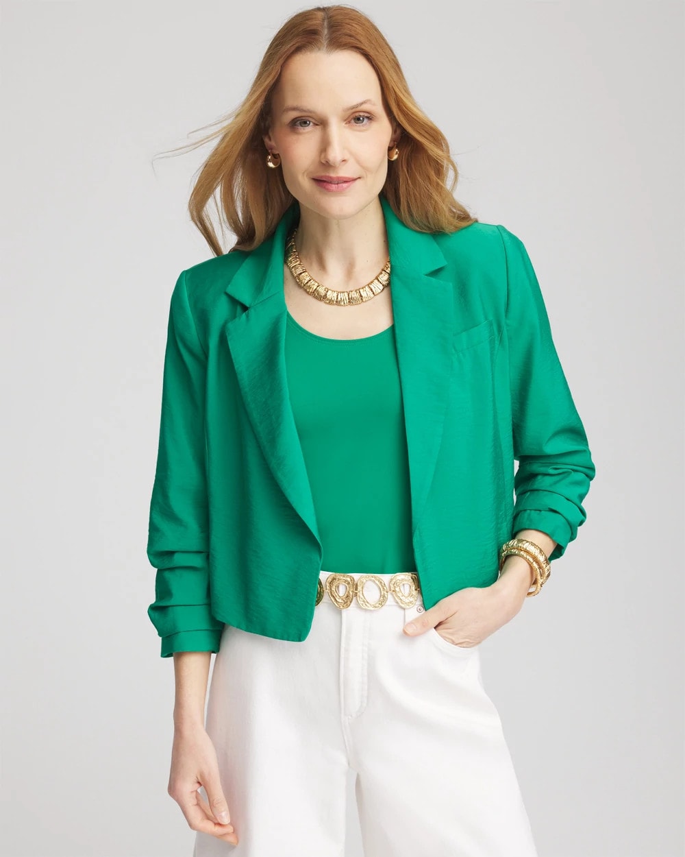 Chico's Cropped Ruched Sleeve Blazer EDEN GREEN